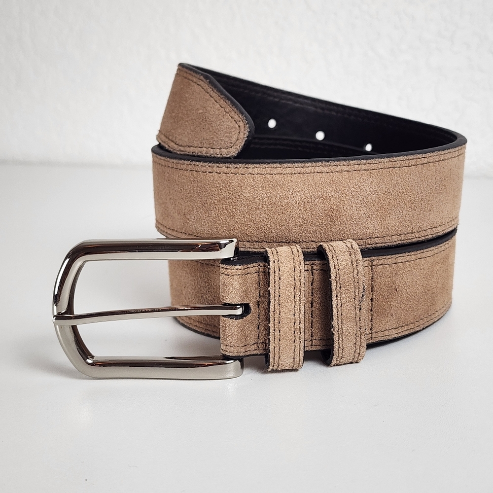 Tulliani Tan Suede Belt, Chrome Buckle - Size L, Classic, Minimalist, Leather